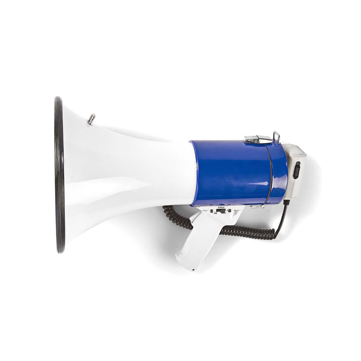 Megaphone | Maximum range: 1500 m | Maximum volume control: 135 dB | Detachable microphone | Built-in siren | Shoulder strap | Blue / White