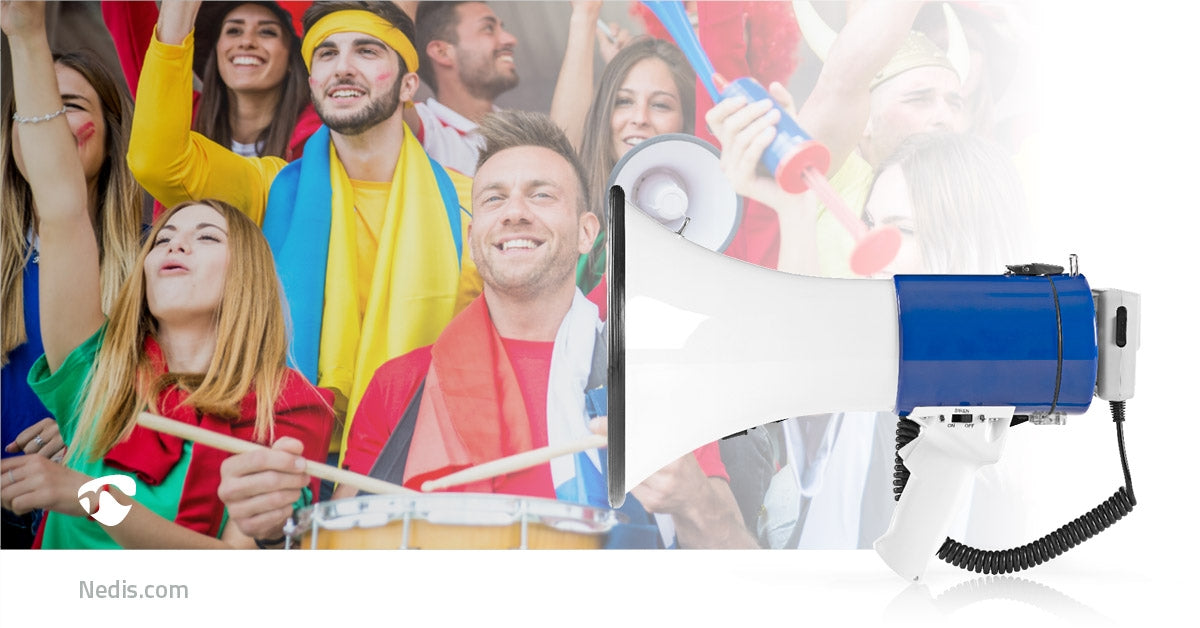 Megaphone | Maximum range: 1500 m | Maximum volume control: 135 dB | Detachable microphone | Built-in siren | Shoulder strap | Blue / White