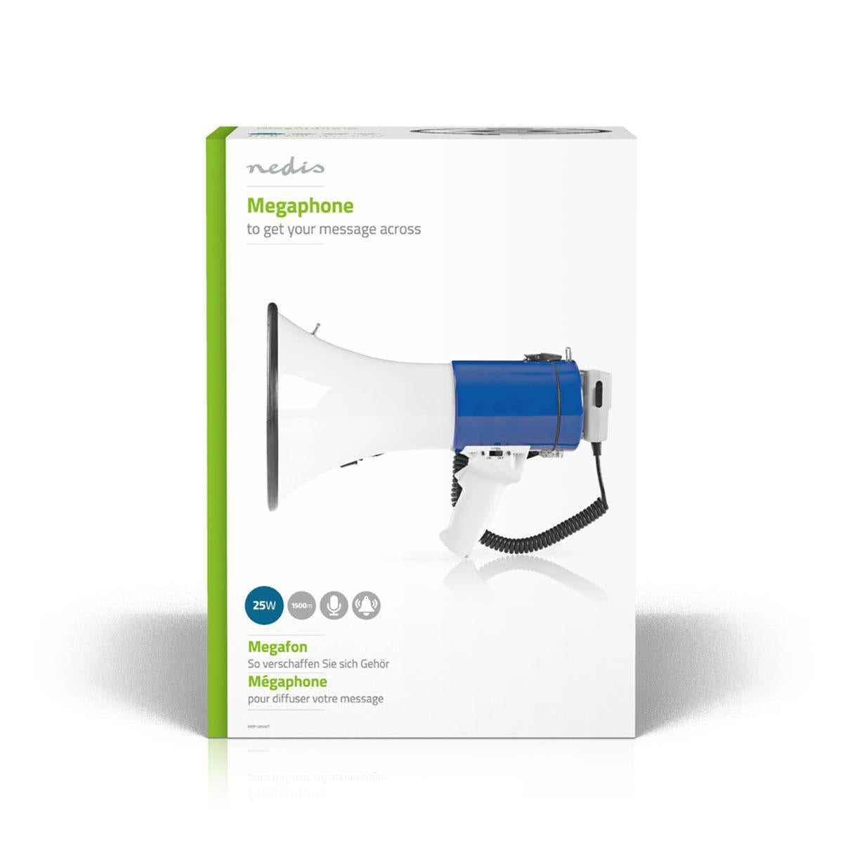 Megaphone | Maximum range: 1500 m | Maximum volume control: 135 dB | Detachable microphone | Built-in siren | Shoulder strap | Blue / White