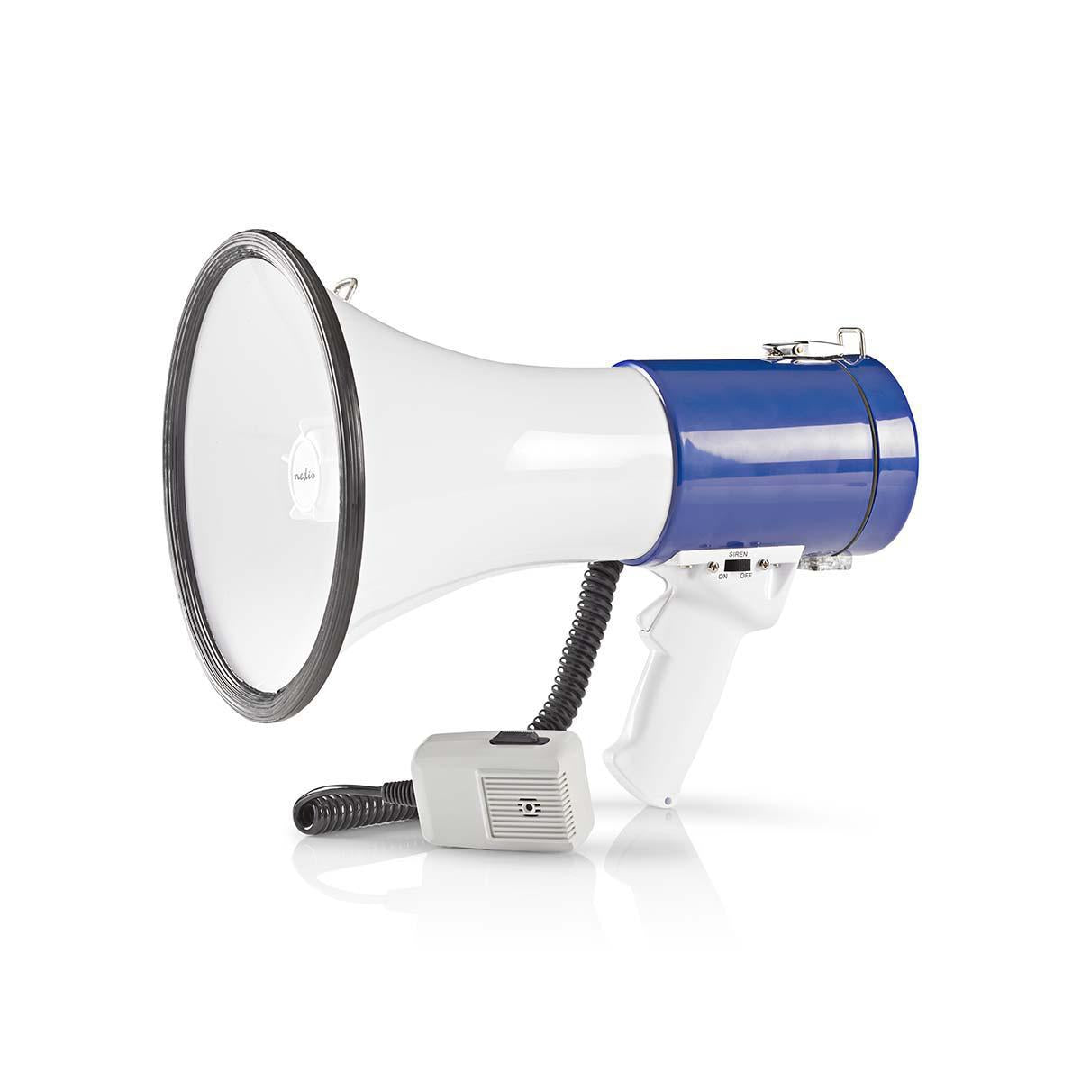 Megaphone | Maximum range: 1500 m | Maximum volume control: 135 dB | Detachable microphone | Built-in siren | Shoulder strap | Blue / White
