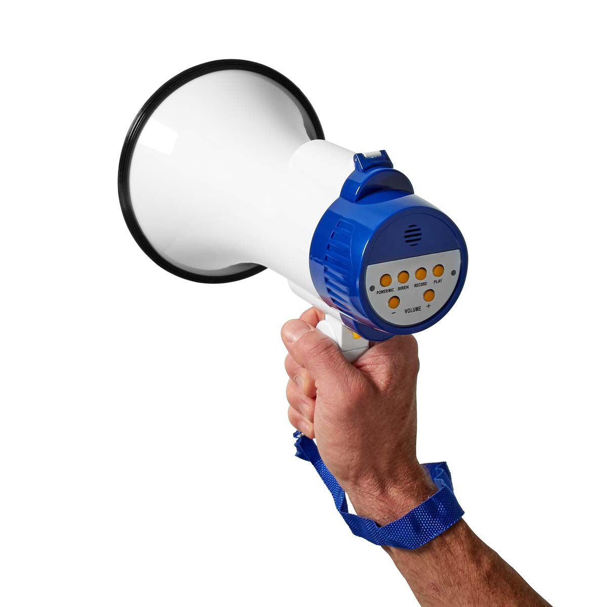 Megaphone | Maximum range: 250 m | Maximum volume control: 115 dB | Built-in microphone | Built-in siren | Recording function | Blue / White