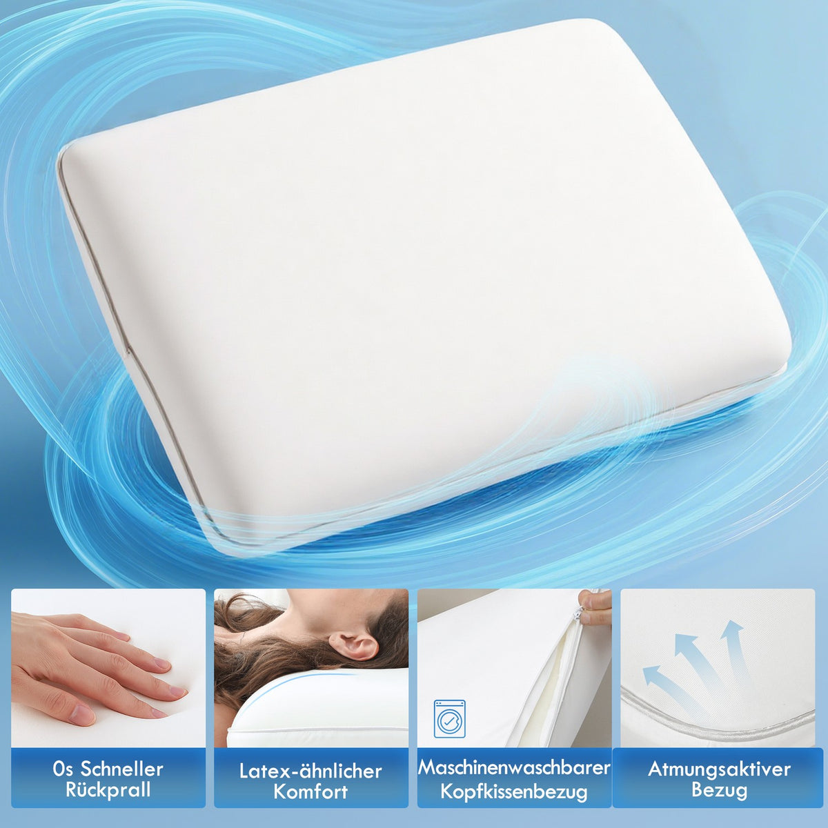 Memory Foam Pillow, Ergonomic 60x40 cm, Removable Cover
