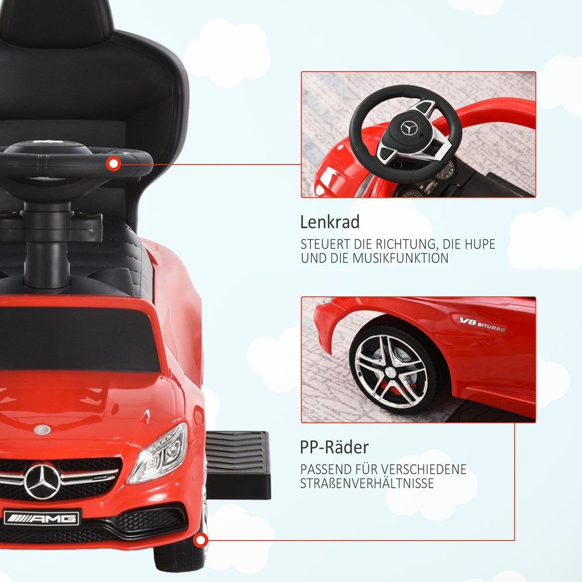 Mercedes Benz Children'S Car Children'S Vehicle Push And Support Bar With Backrest/Protection Bar, Walking Aid For Babies