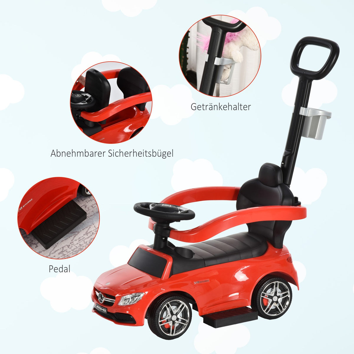 Mercedes Benz Children'S Car Children'S Vehicle Push And Support Bar With Backrest/Protection Bar, Walking Aid For Babies