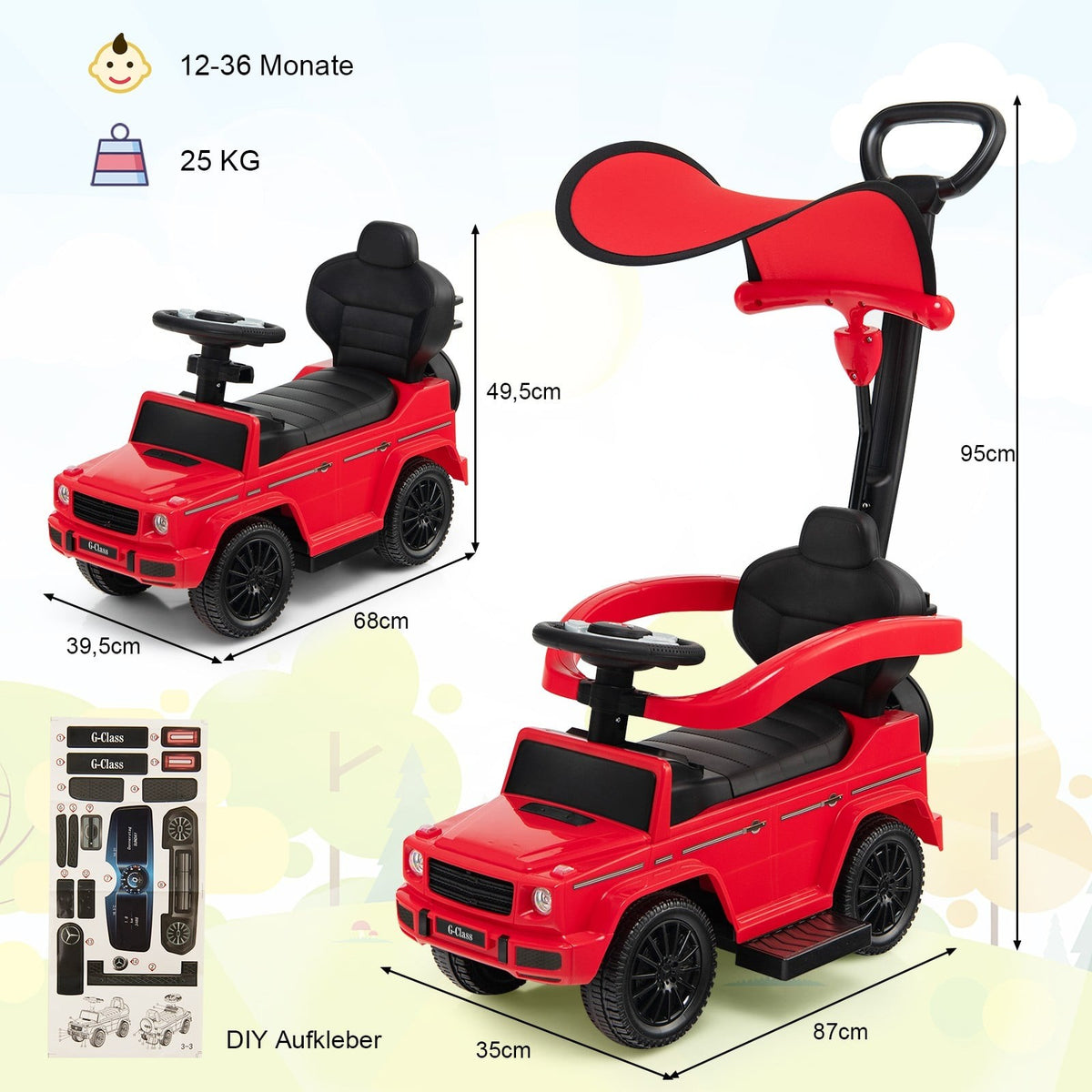 Mercedes Benz Kids Ride-On Car with Sun Canopy, Red