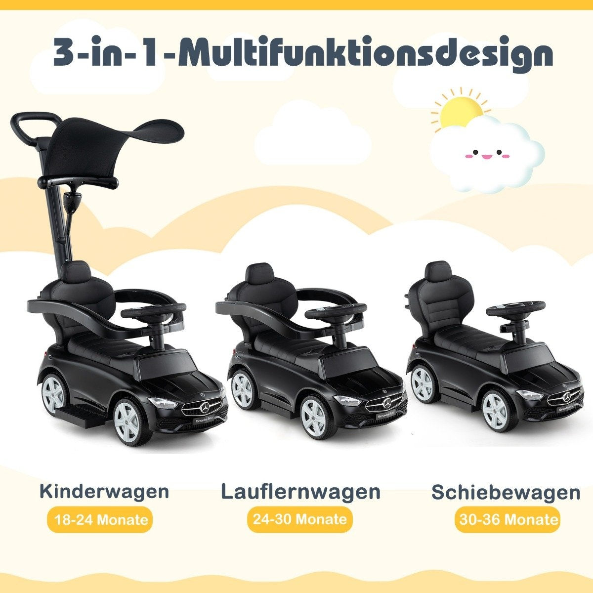Mercedes-Benz ride-on car 3-in-1 ride-on vehicle with push handle ride-on car for children aged 1 year and over black