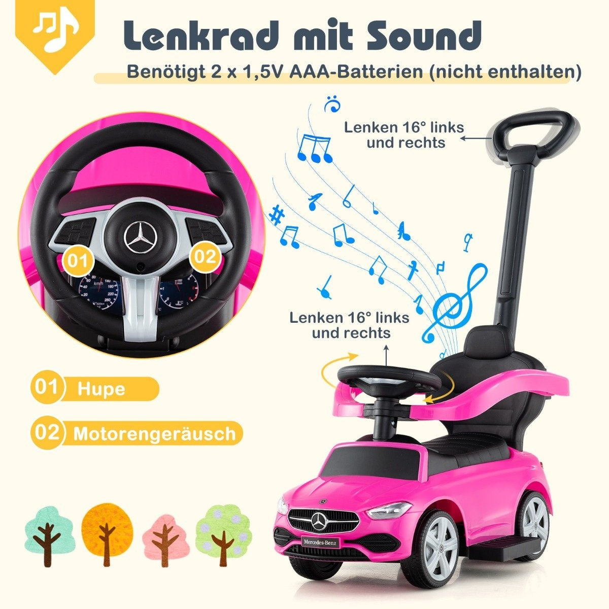 Mercedes-Benz ride-on car 3-in-1 ride-on vehicle with push handle ride-on car for children from 1 year old pink