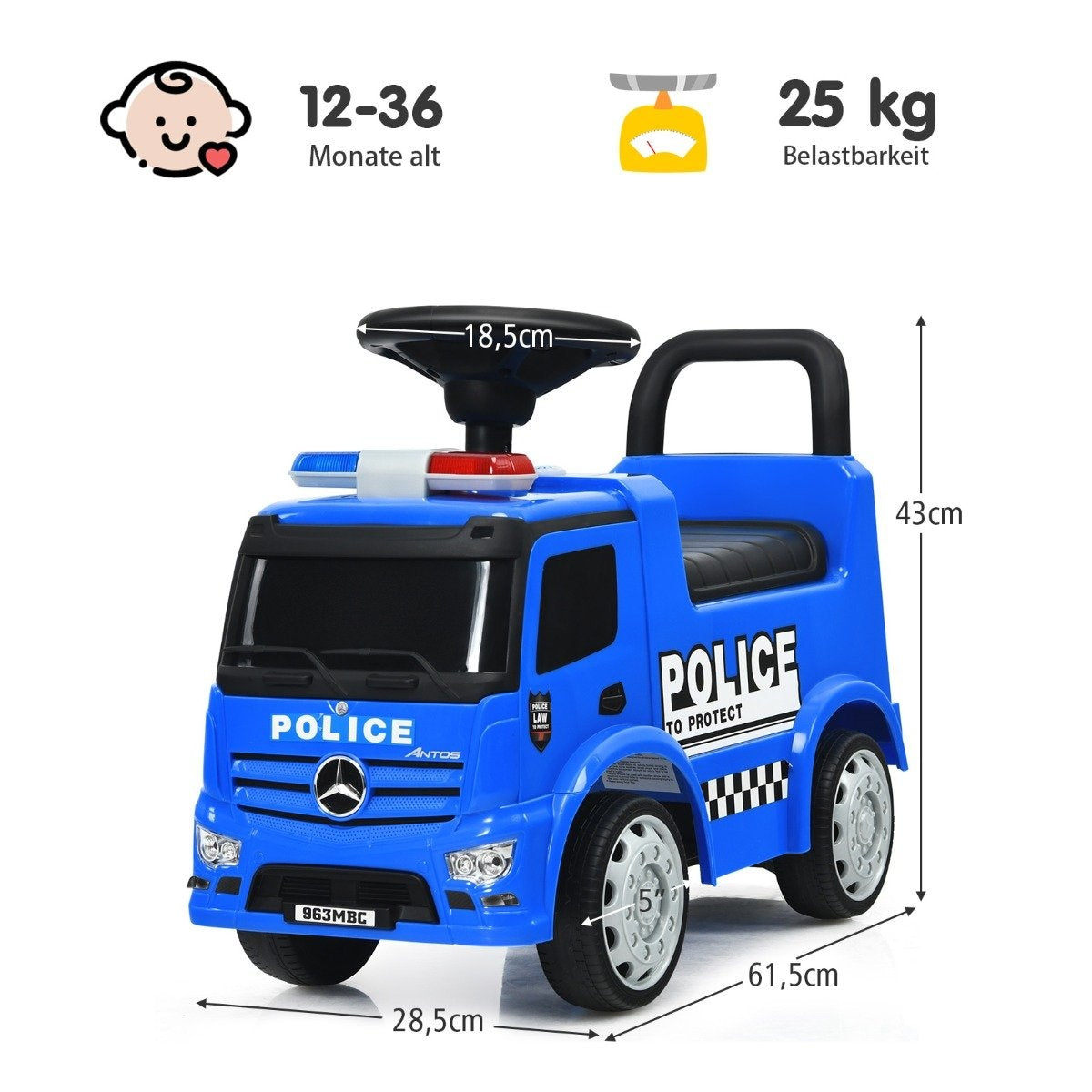 Mercedes Benz ride-on car with storage space & horn & siren & whistle & warning lamp children's police car