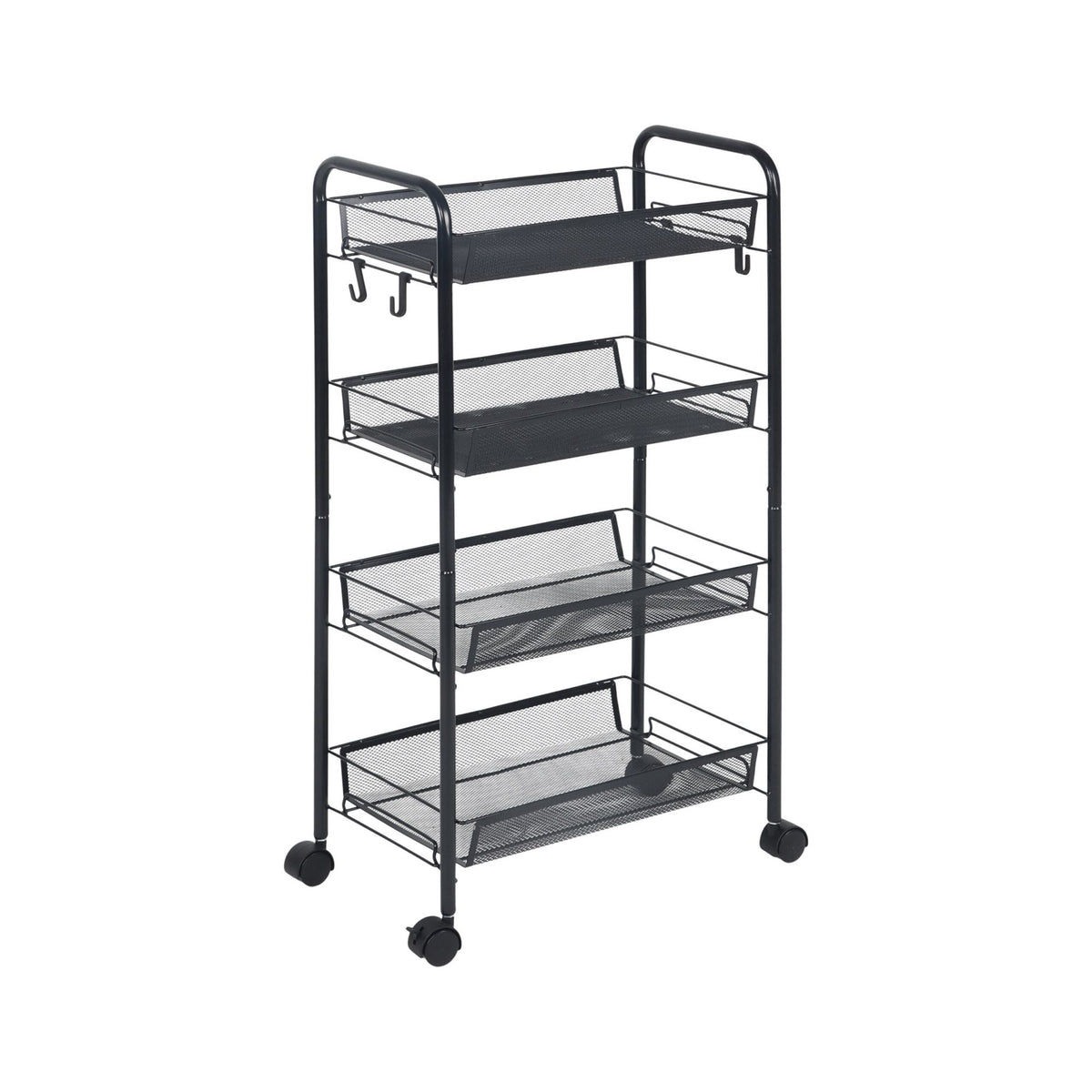 Mesh Trolley with Multi-Level Metal Shelves and Hooks