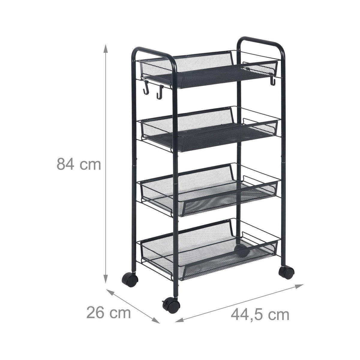 Mesh Trolley with Multi-Level Metal Shelves and Hooks