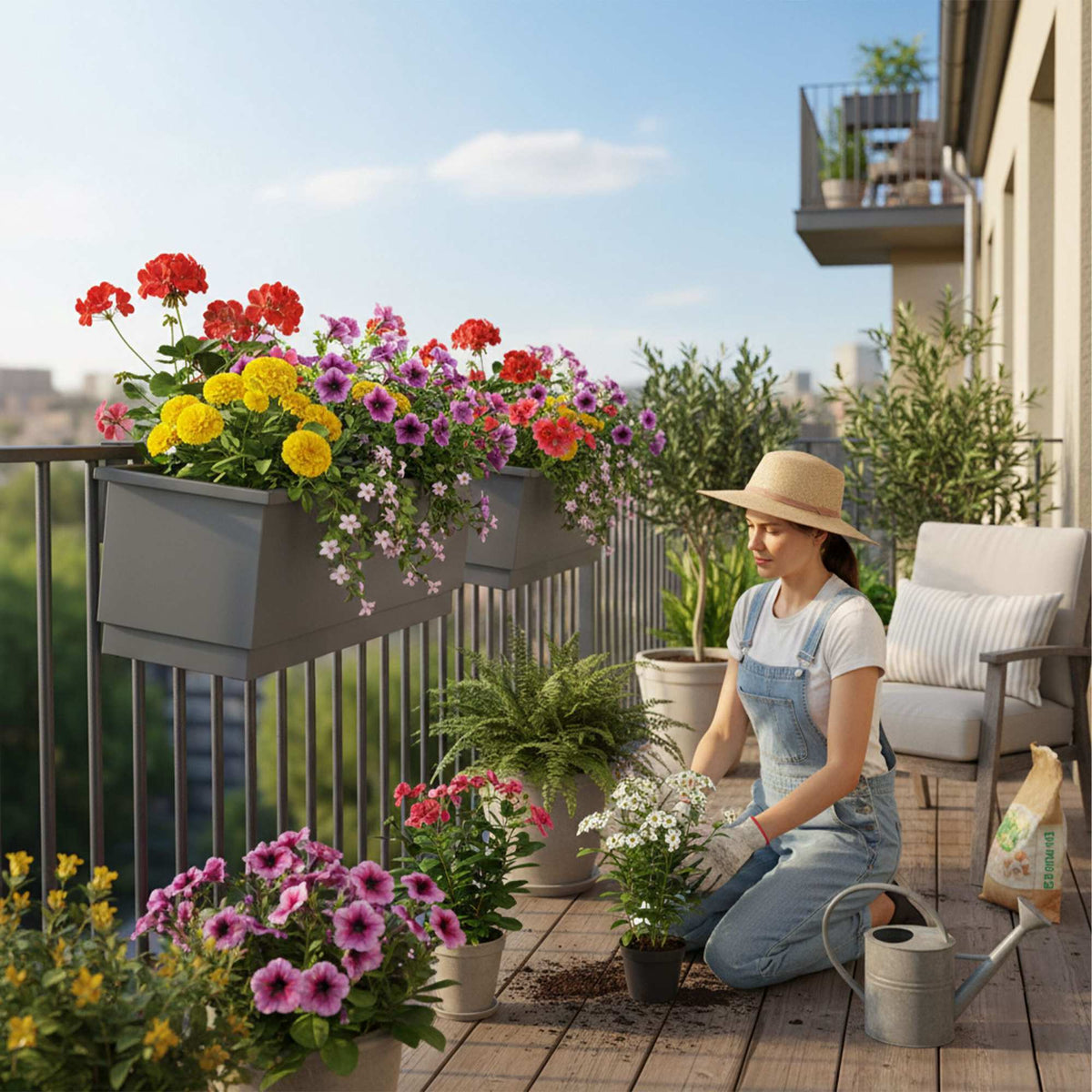 Metal Balcony Planters, Set of 2, With Drainage System
