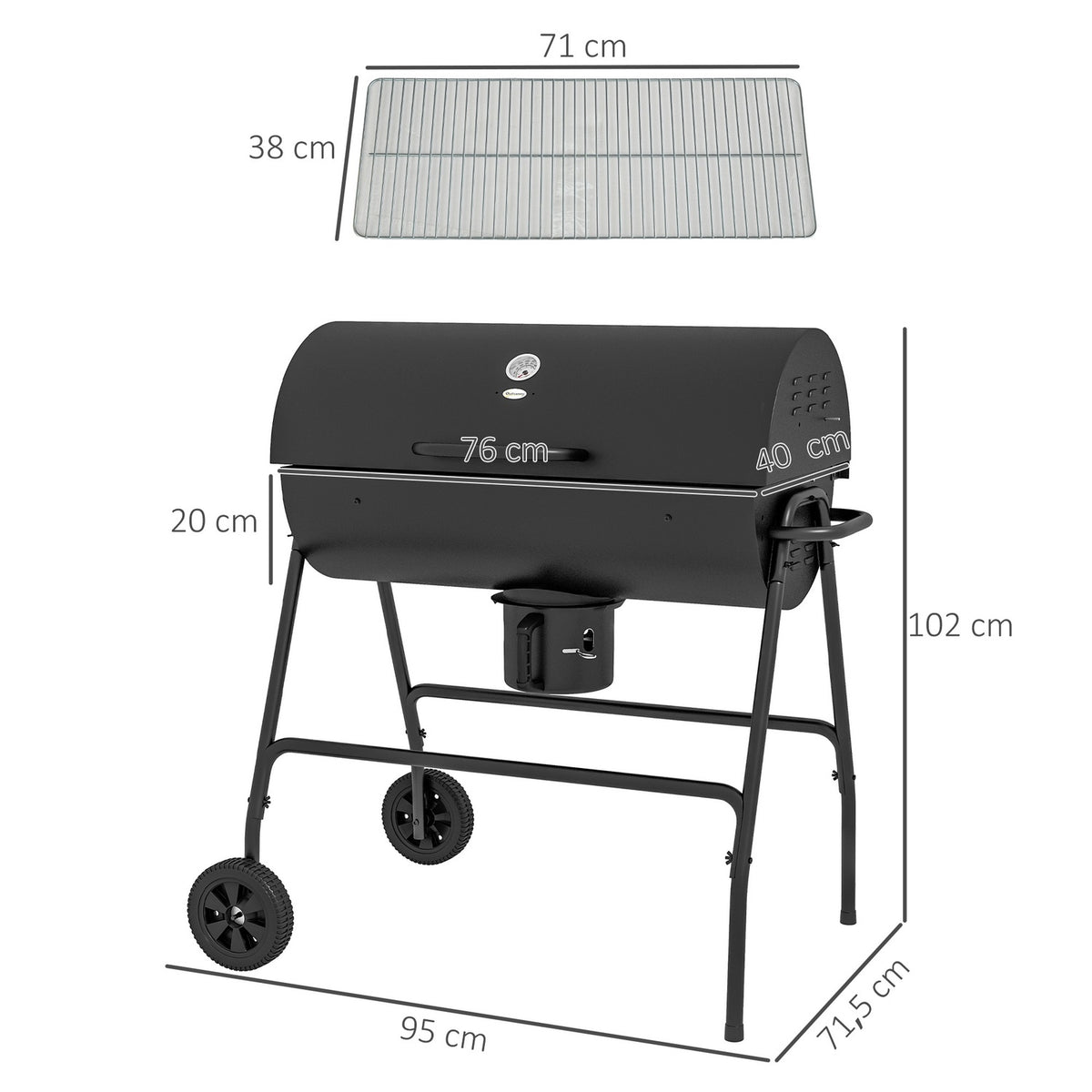 Metal Charcoal Grill BBQ Smoker with Lid Thermometer Wheels Adjustable Charcoal Tray Handle Mobile Grill Cart Charcoal Grill Charcoal Grill for Barbeque Camping Patio 95 x 71.5 x 102 cm