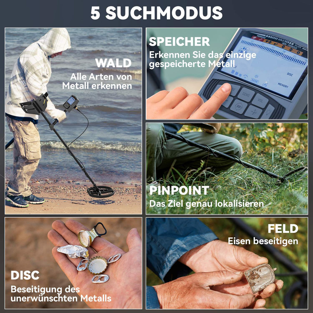 Metal Detector for Adults 5 Modes Portable Locator with Alarm Coil LCD Display, IP68 Waterproof Metal Pin Pointer, Metal Detector, Metal Pointer for Hunt, Relics, Dark Gray