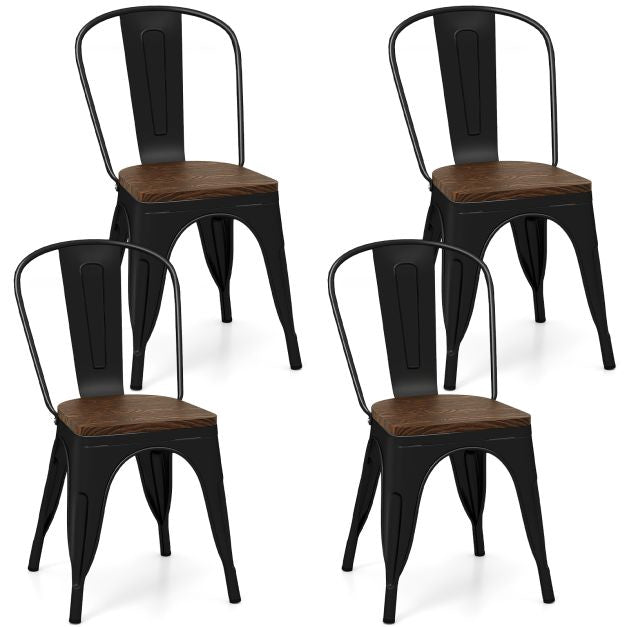 Metal Dining Chairs Set of 4, Stackable, Elm Wood Seat, Black