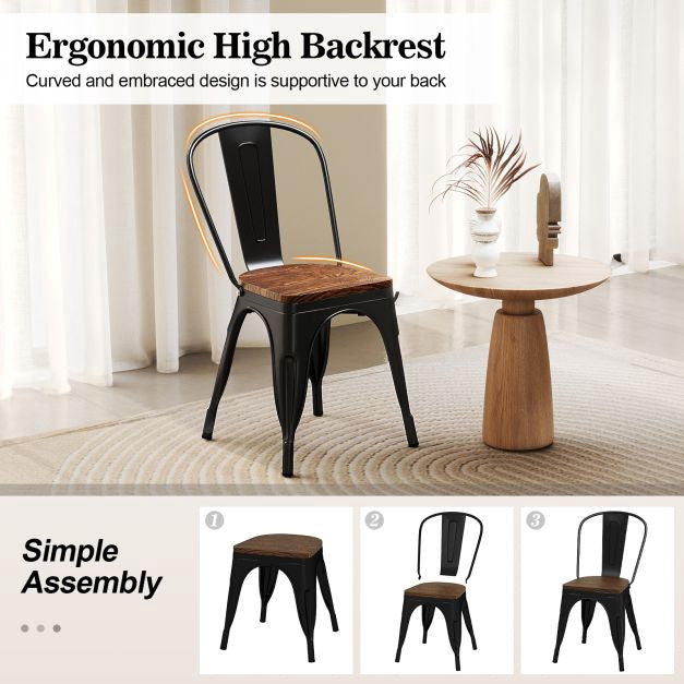 Metal Dining Chairs Set of 4, Stackable, Elm Wood Seat, Black