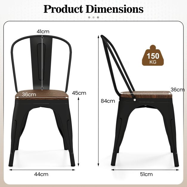 Metal Dining Chairs Set of 4, Stackable, Elm Wood Seat, Black