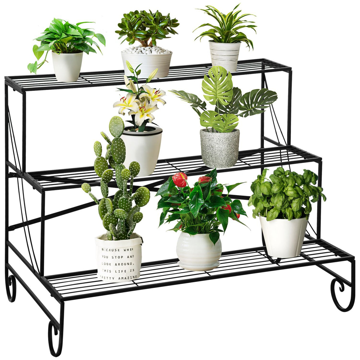 Metal Flower Shelf 3 Tier Plant Shelf Flower Stairs For Garden And Balcony Black 95X63X72Cm