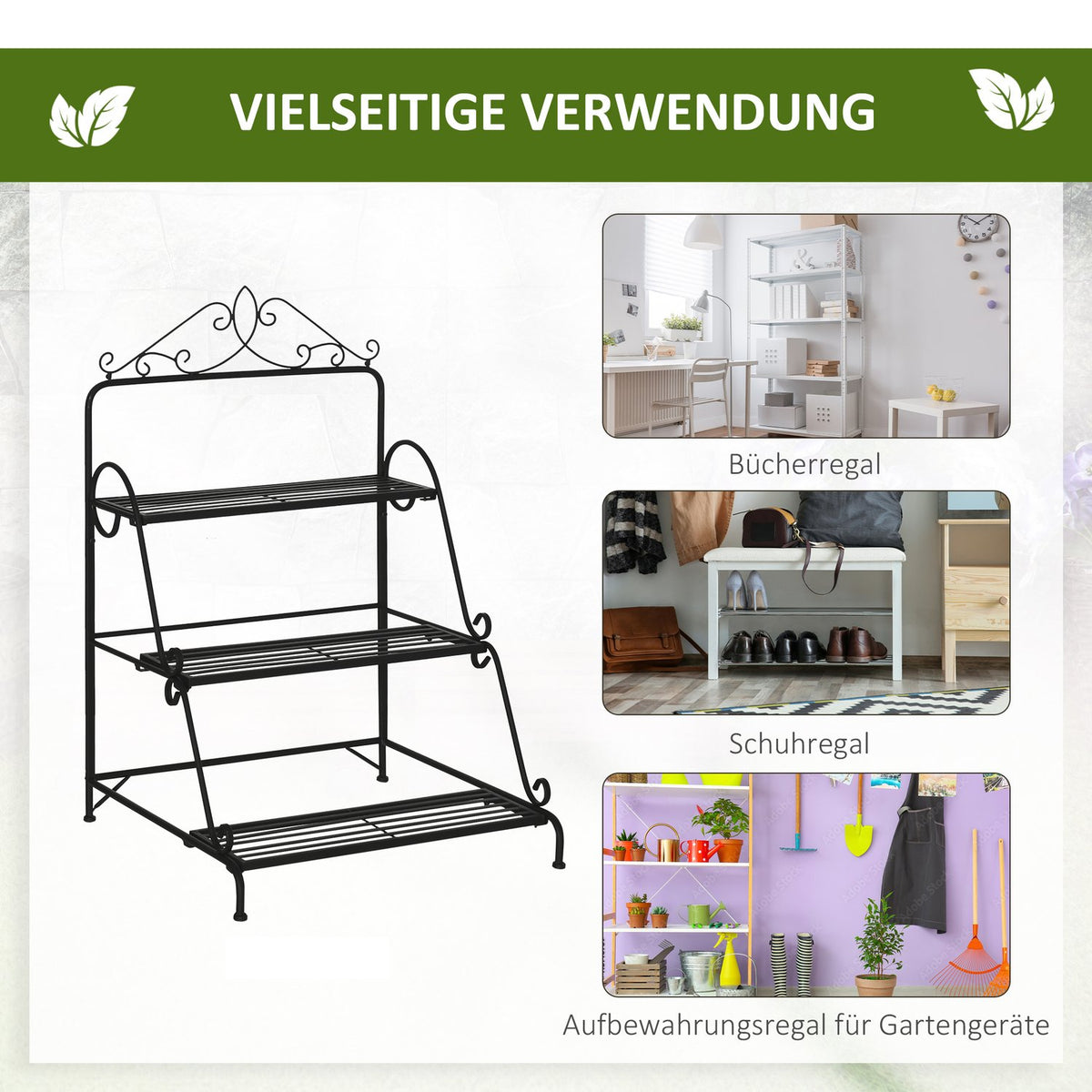 Metal Flower Stairs 3 Tier Plant Stand With Adjustable Hanging Height Indoor Outdoor Natural