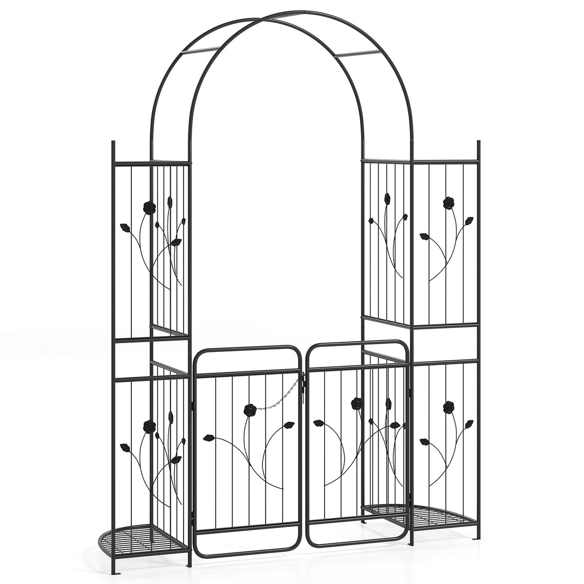 Metal Garden Arch with Gate & Plant Shelves – Black