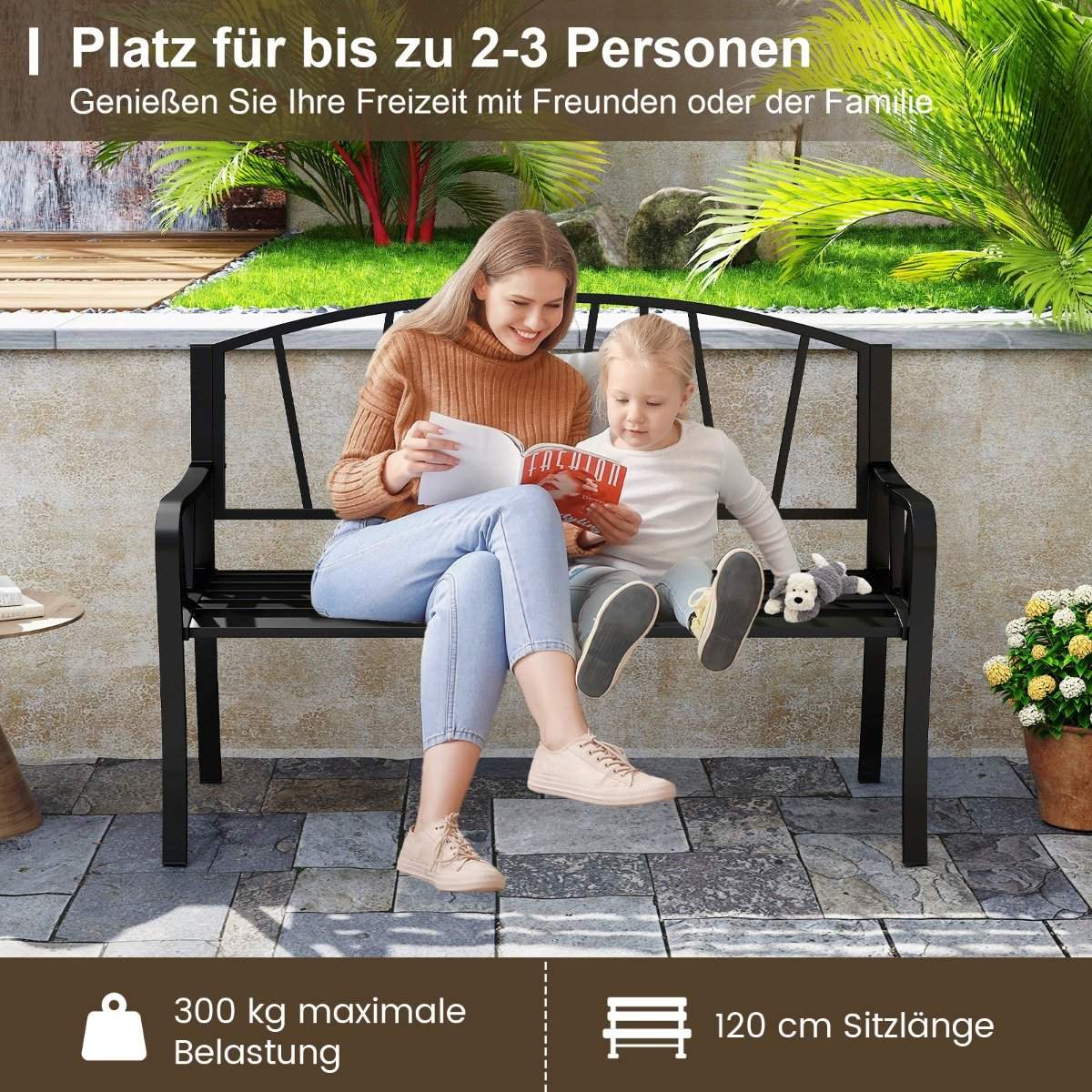 Metal Garden Bench for 2–3 People, Weather-Resistant