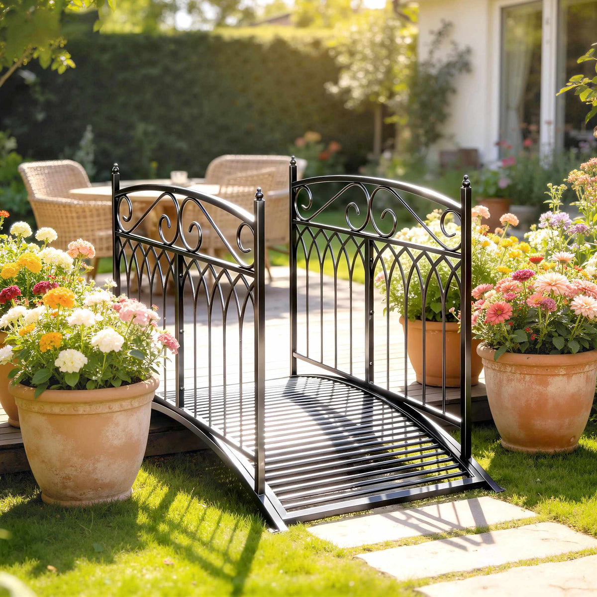 Metal Garden Bridge with Safety Rails, 135.5 cm, Black
