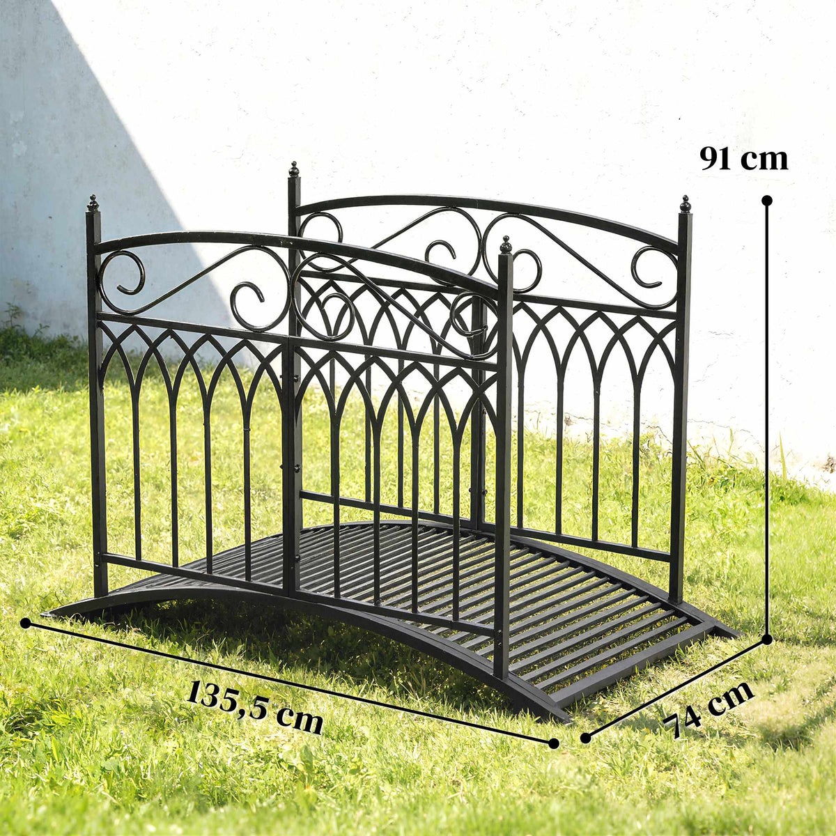 Metal Garden Bridge with Safety Rails, 135.5 cm, Black