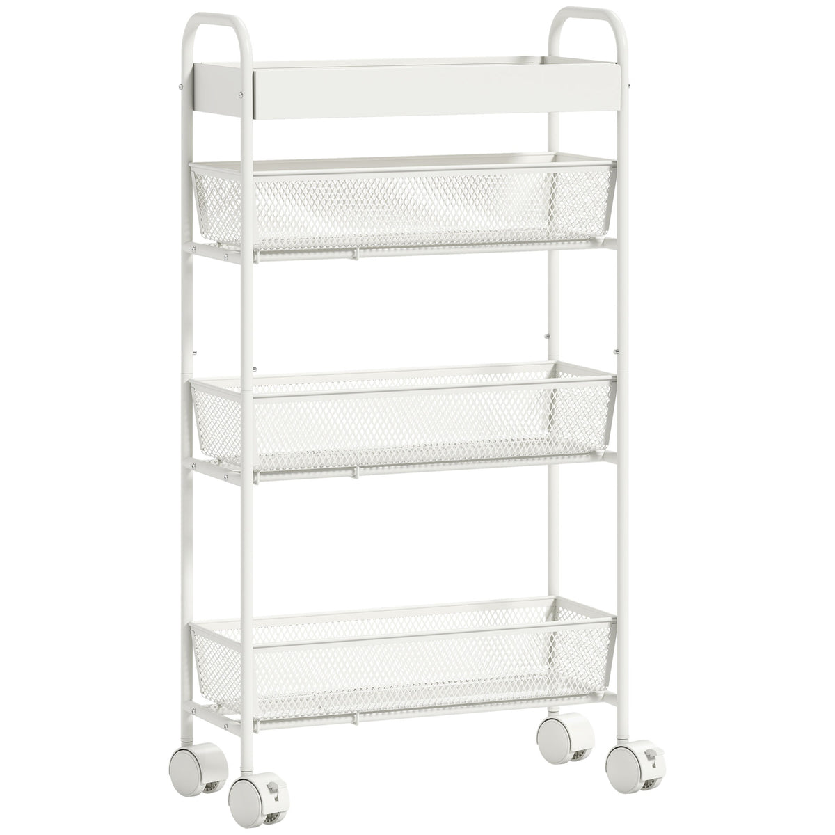 Metal Kitchen Cart, 3 Baskets, Slim Design, 4 Wheels, White