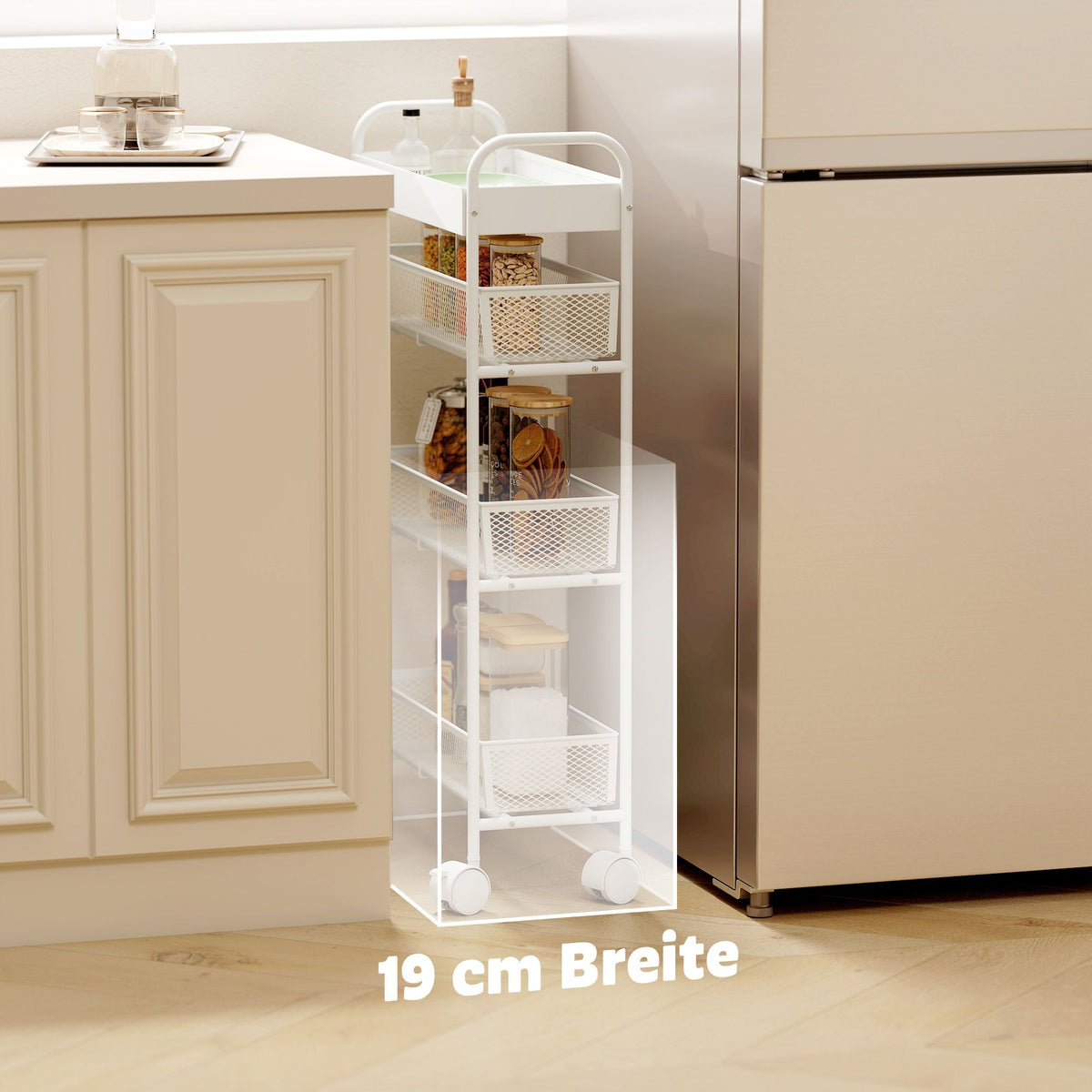 Metal Kitchen Cart, 3 Baskets, Slim Design, 4 Wheels, White