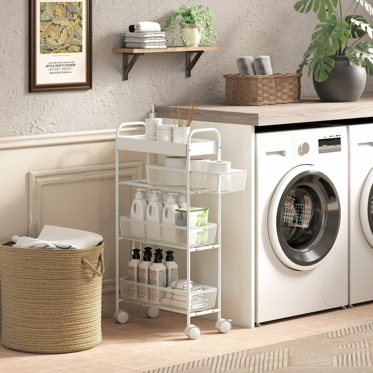 Metal Kitchen Cart, 3 Baskets, Slim Design, 4 Wheels, White