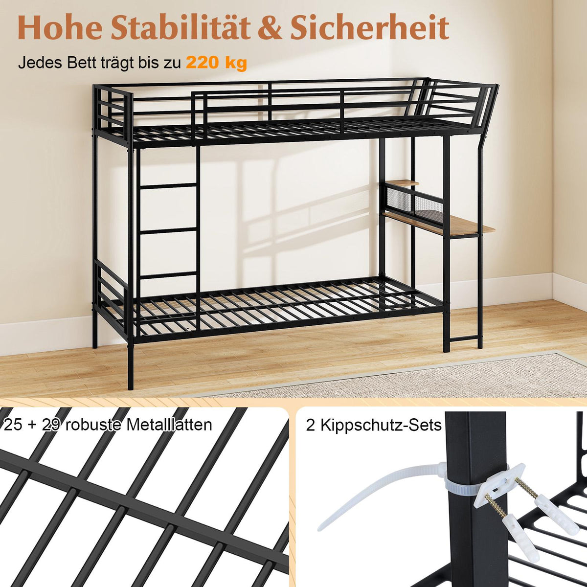 Metal Loft Bunk Bed With Desk, Guardrail and Ladder