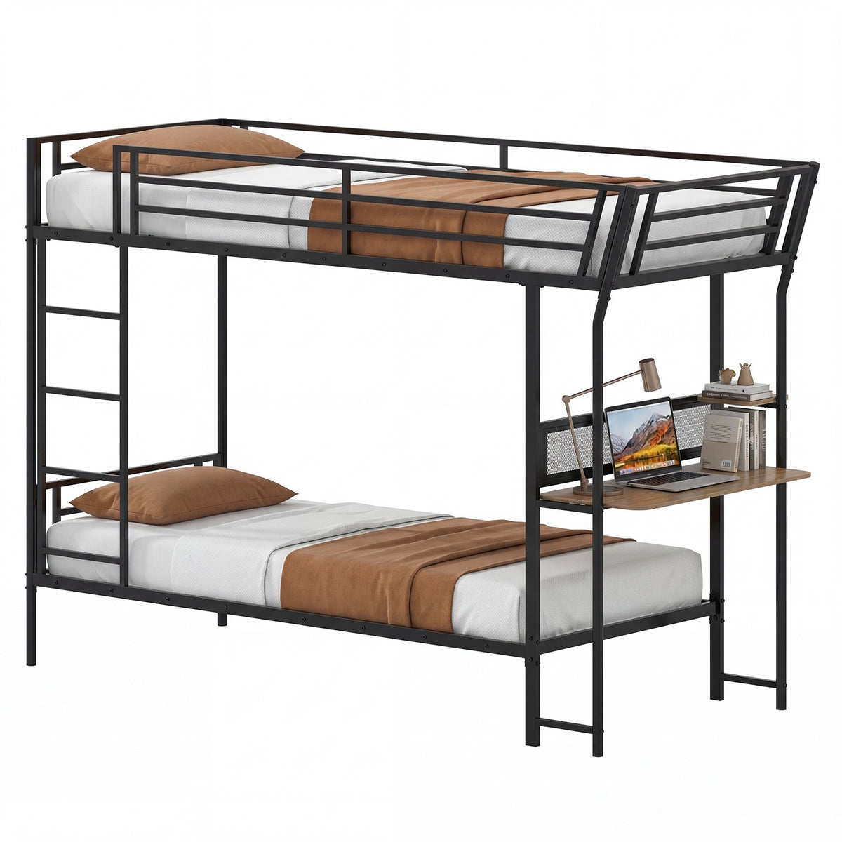 Metal Loft Bunk Bed With Desk, Guardrail and Ladder