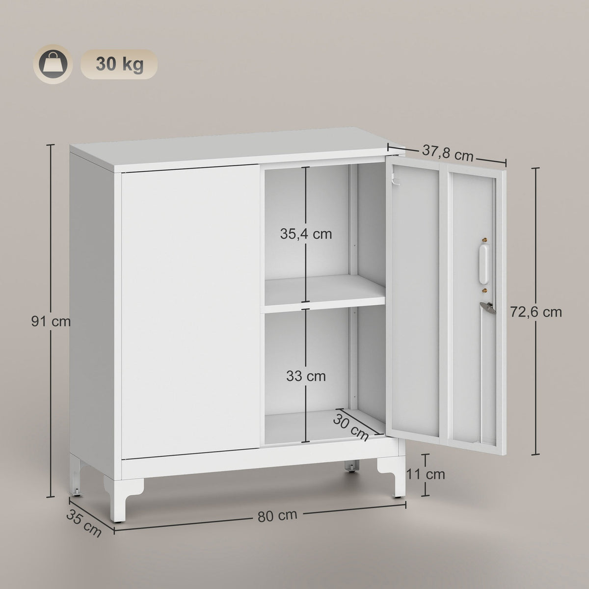 Metal Office Cabinet, Lockable Doors, 2-Tier, White