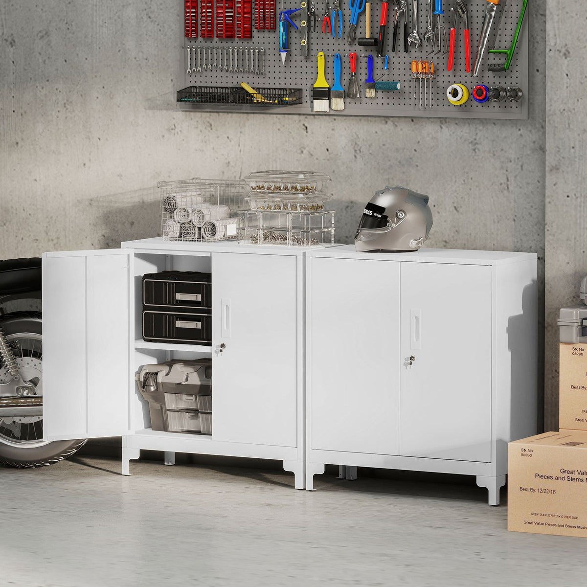 Metal Office Cabinet, Lockable Doors, 2-Tier, White