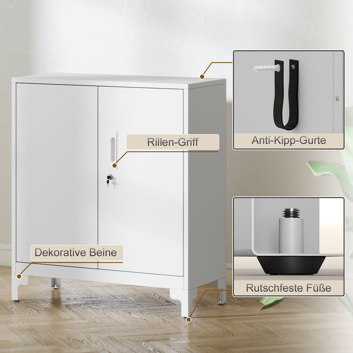 Metal Office Cabinet, Lockable Doors, 2-Tier, White