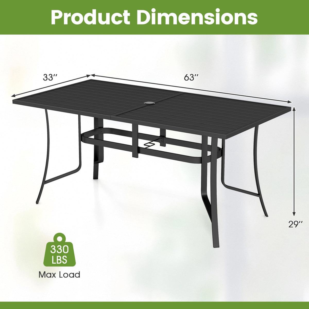 Metal Patio Dining Table 63 x 33, Seats 6, Umbrella Hole