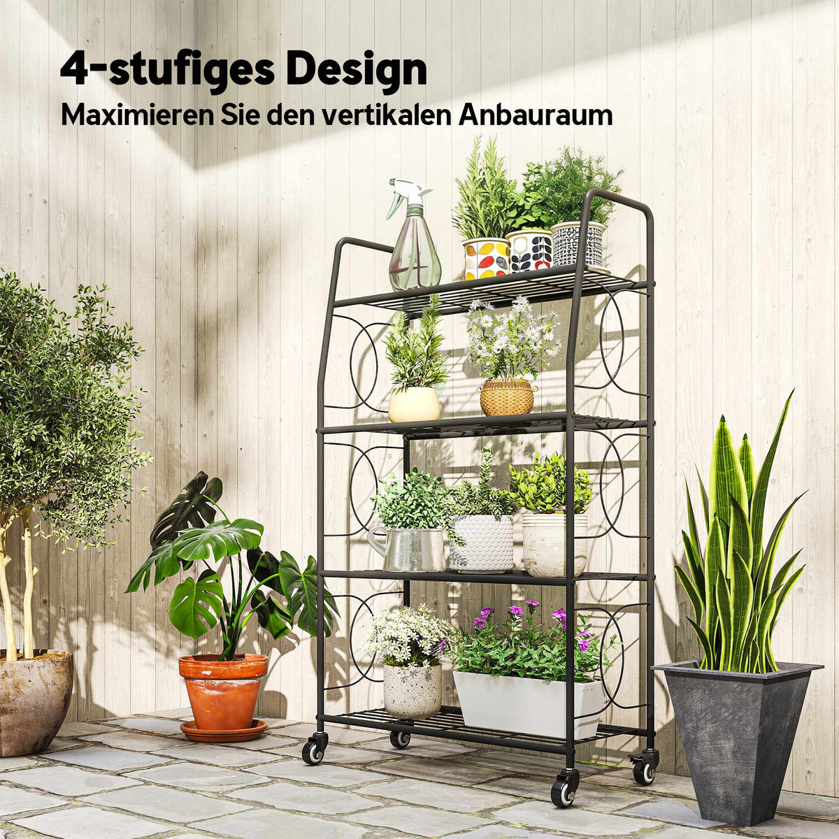 Metal Plant Stand, 4-Tier with Lockable Wheels