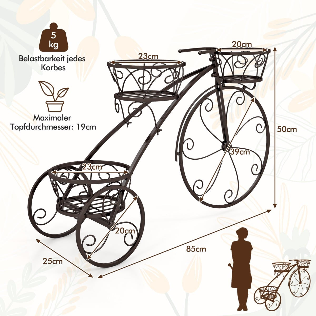 Metal Plant Stand with Bicycle Design, 3-Tier Basket Holder