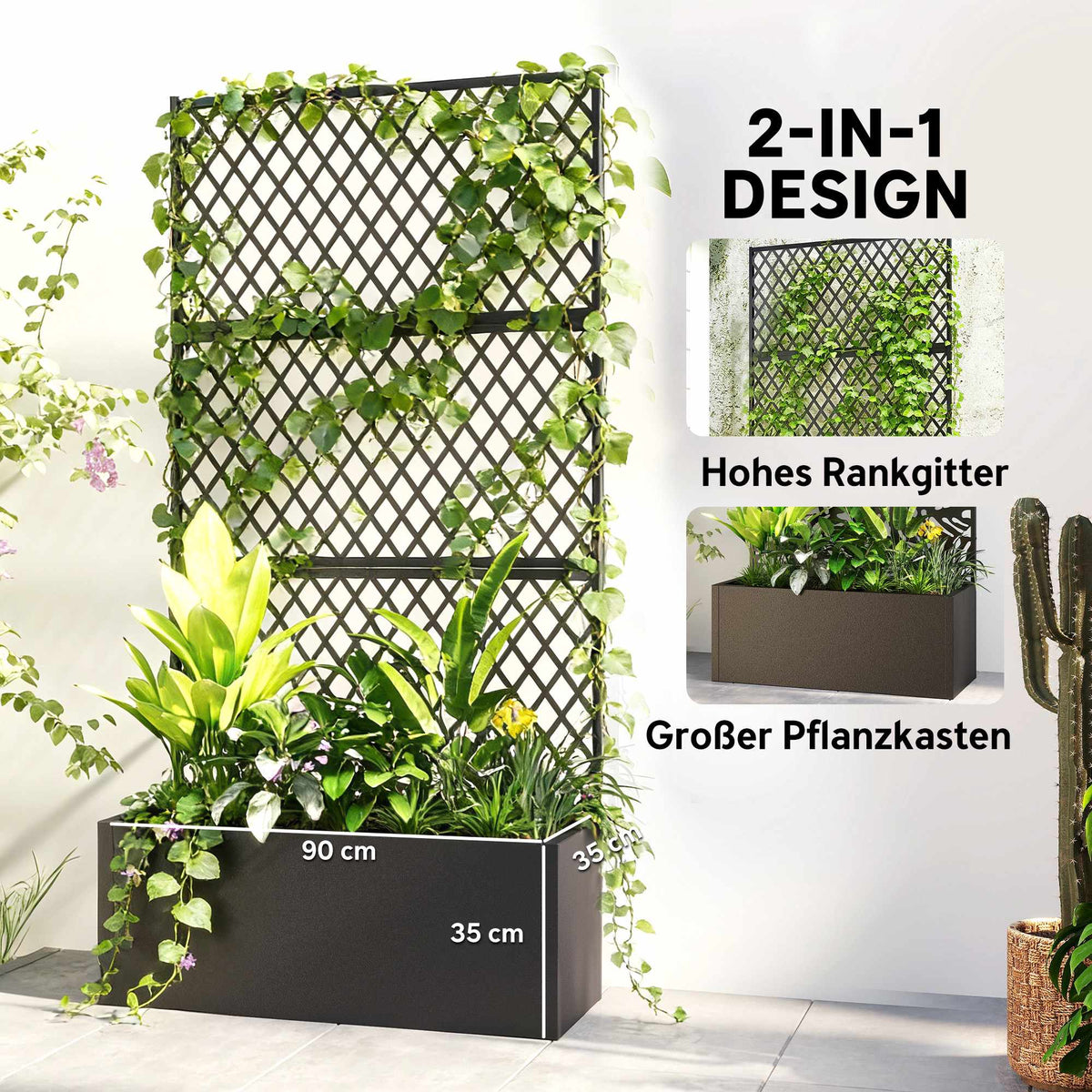 Metal Planter Box with Trellis, 110L Capacity, Weatherproof