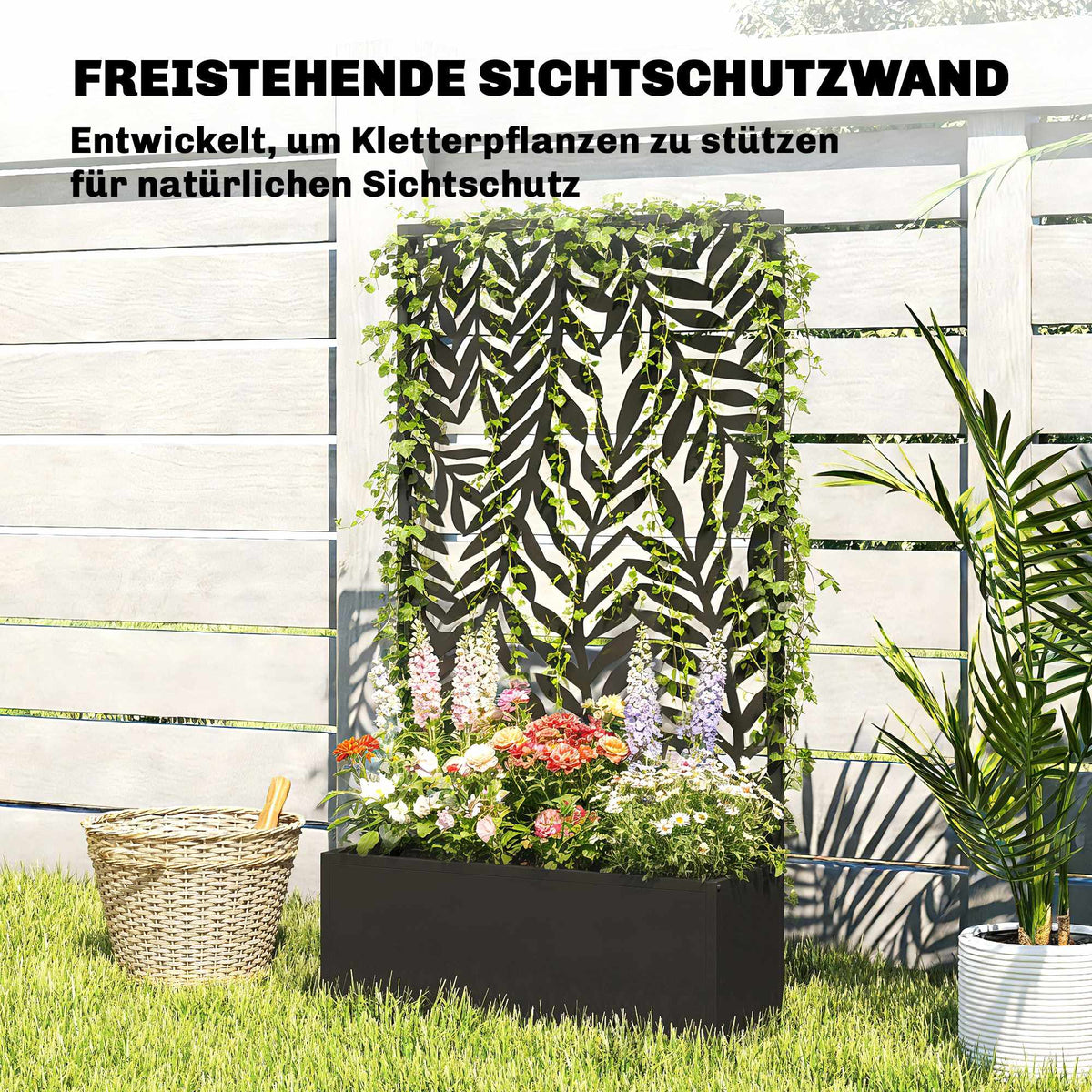 Metal Planter Box with Trellis, 20L Capacity, Black