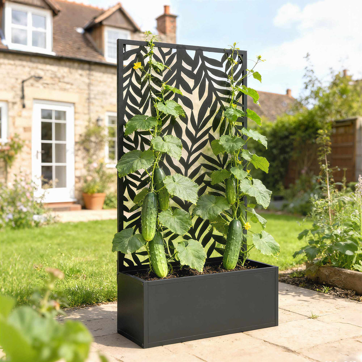 Metal Planter Box with Trellis, 20L Capacity, Black