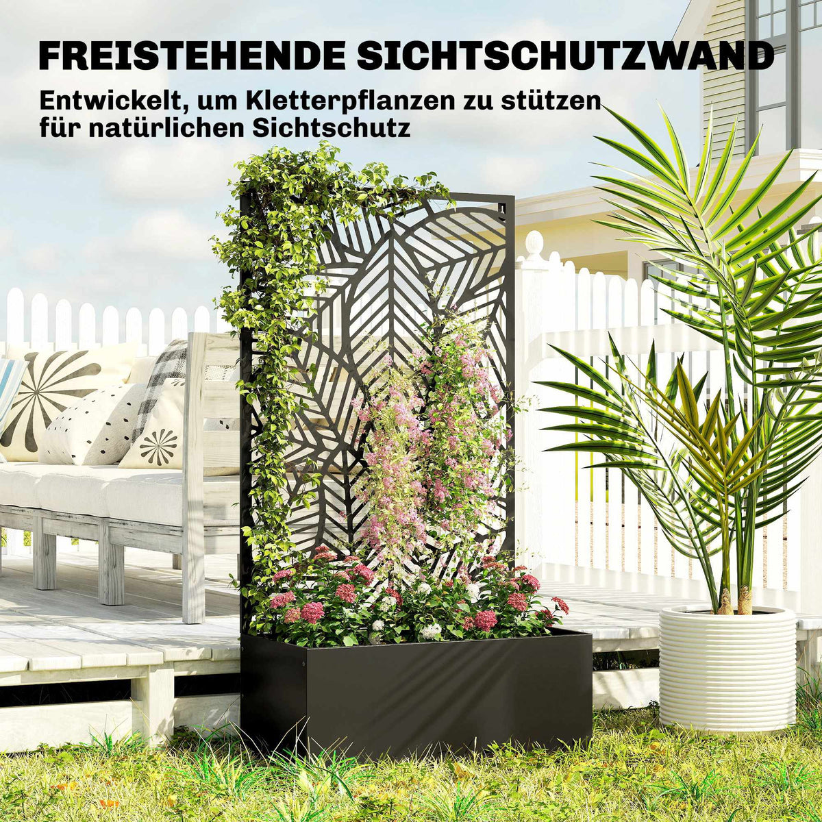Metal Planter Box with Trellis, 38L Capacity, Black