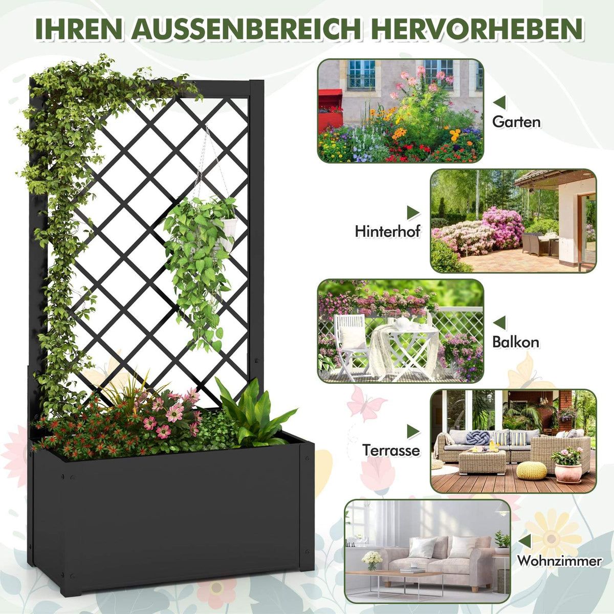 Metal Raised Planter Box with Trellis for Climbing Plants
