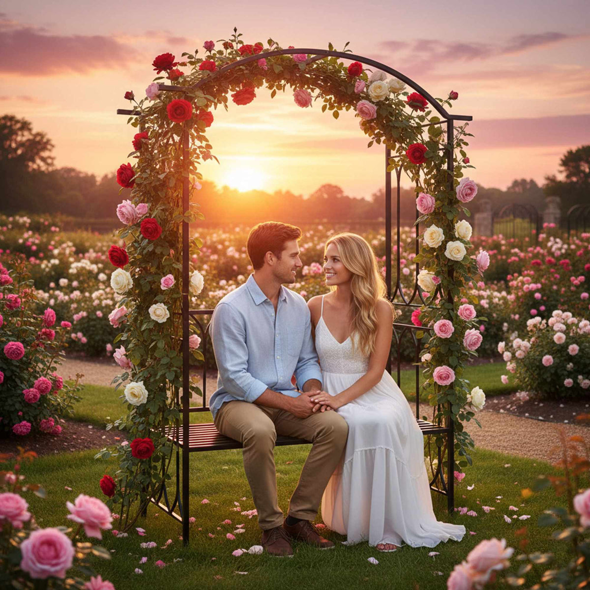 Metal Rose Arch with Bench – Sturdy, Weatherproof Frame