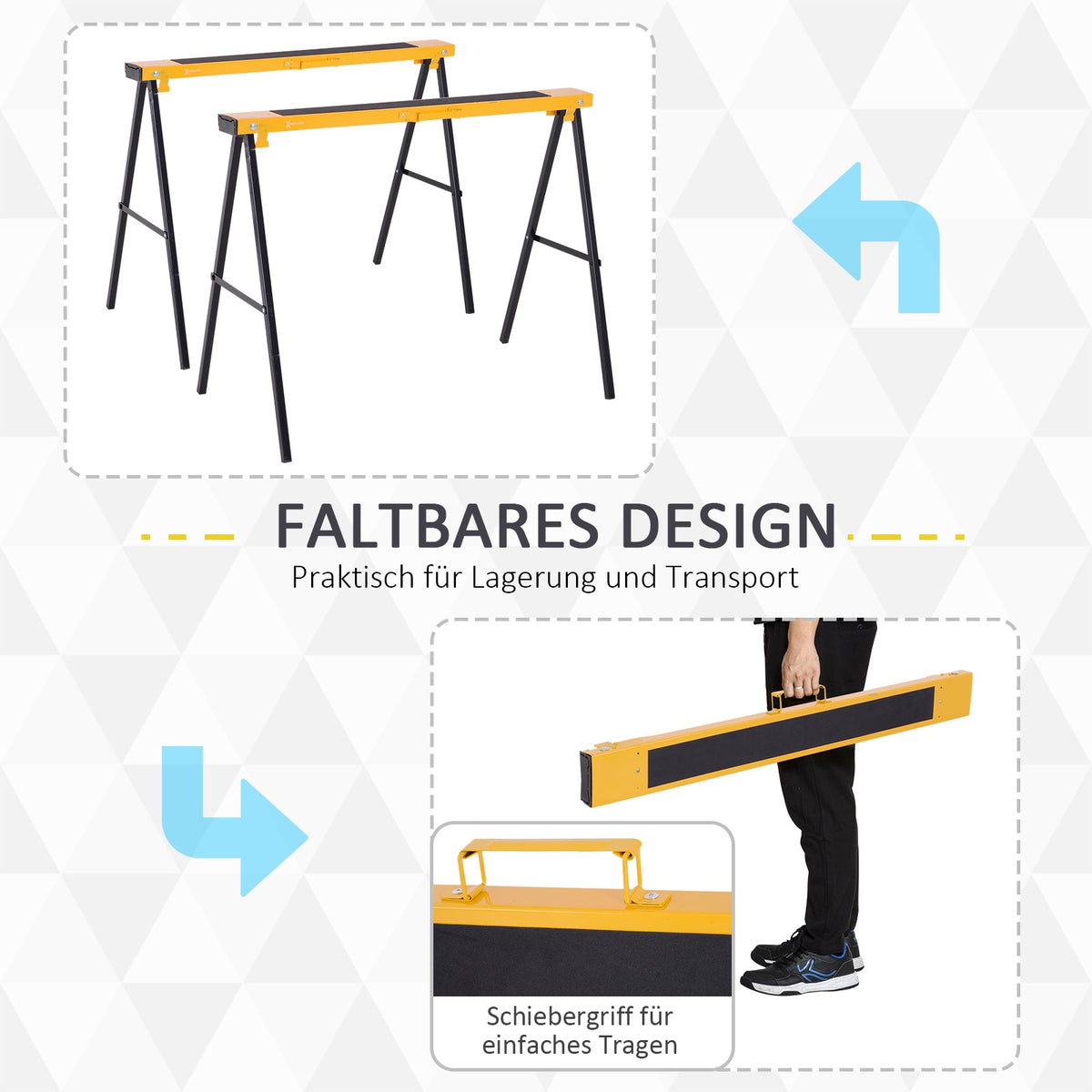 Metal Sawhorse Set, 250kg Capacity, Yellow, Foldable