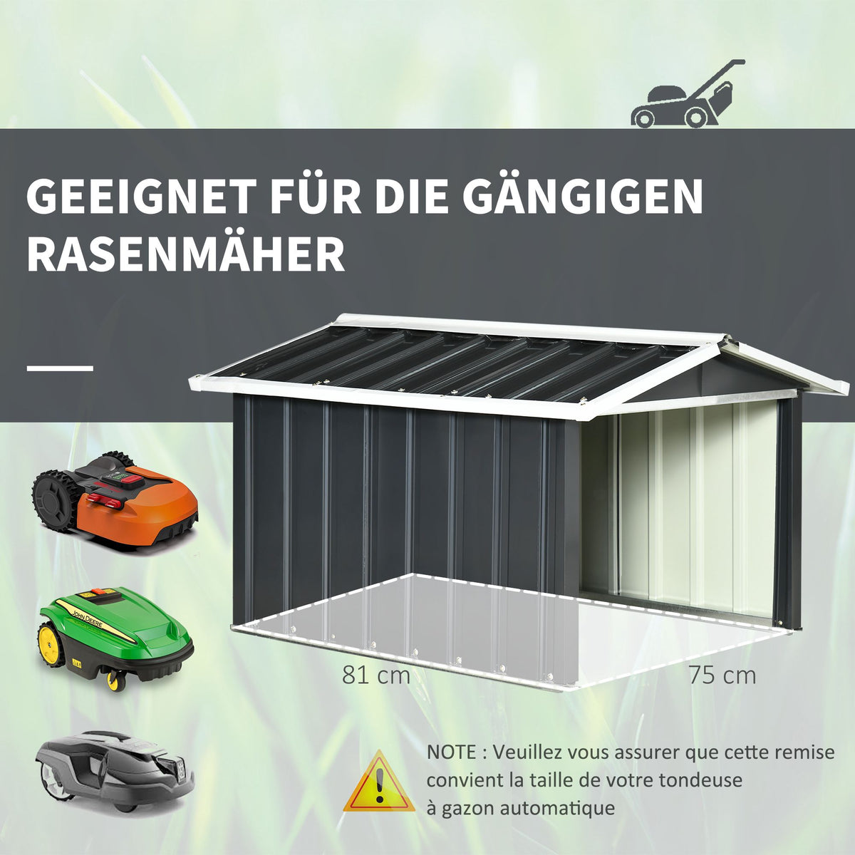 Metal Shed for Lawn Mower Robot, Rustproof, 86x100x63cm