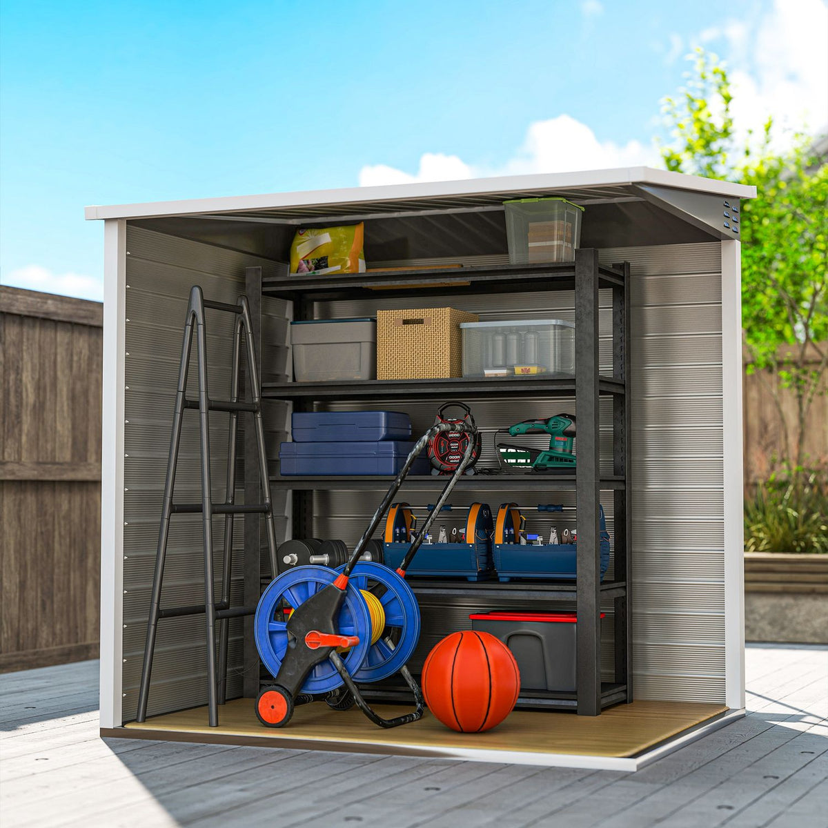 Metal Tool Shed 2.3m² 142x184x181cm Tool Shed with Foundation Pent Roof Window Lockable Door Gloves Weatherproof Garden Shed Outdoor Garden Shed for Garden Backyard Light Gray |
