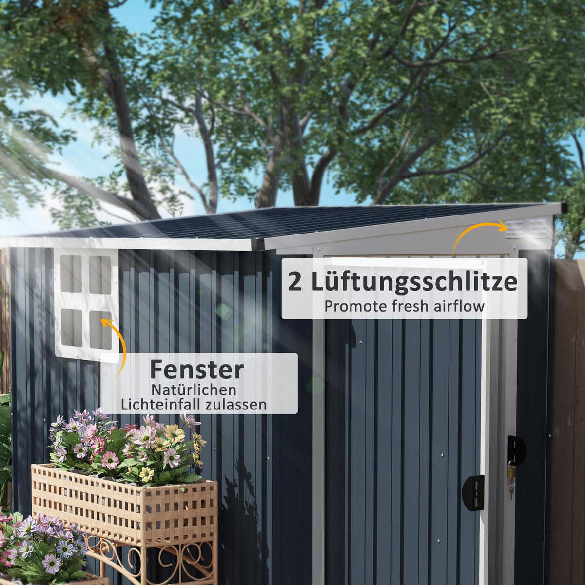 Metal Tool Shed 2.7m² 128x193x181cm Tool Shed with Pent Roof Window Lockable Door Weatherproof Garden Shed Outdoor Garden Shed for Backyard Outdoor Area Dark Gray