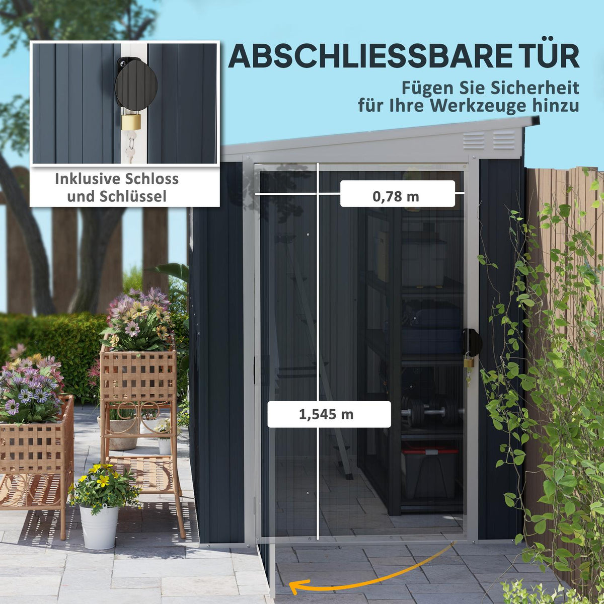 Metal Tool Shed 2.7m² 128x193x181cm Tool Shed with Pent Roof Window Lockable Door Weatherproof Garden Shed Outdoor Garden Shed for Backyard Outdoor Area Dark Gray