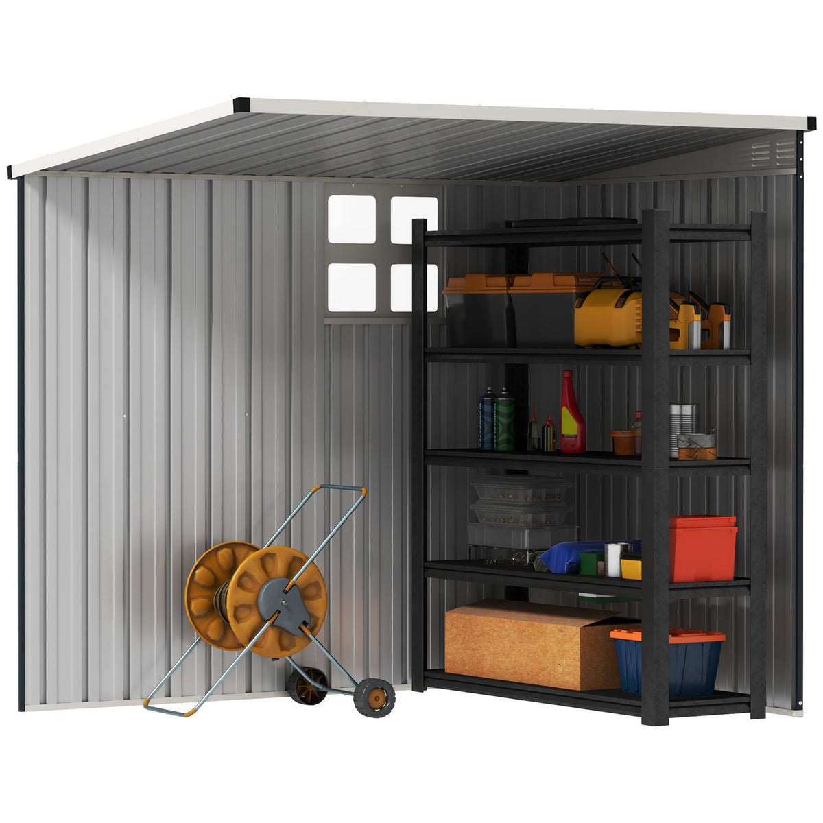 Metal Tool Shed 2.7m² 128x193x181cm Tool Shed with Pent Roof Window Lockable Door Weatherproof Garden Shed Outdoor Garden Shed for Backyard Outdoor Area Dark Gray