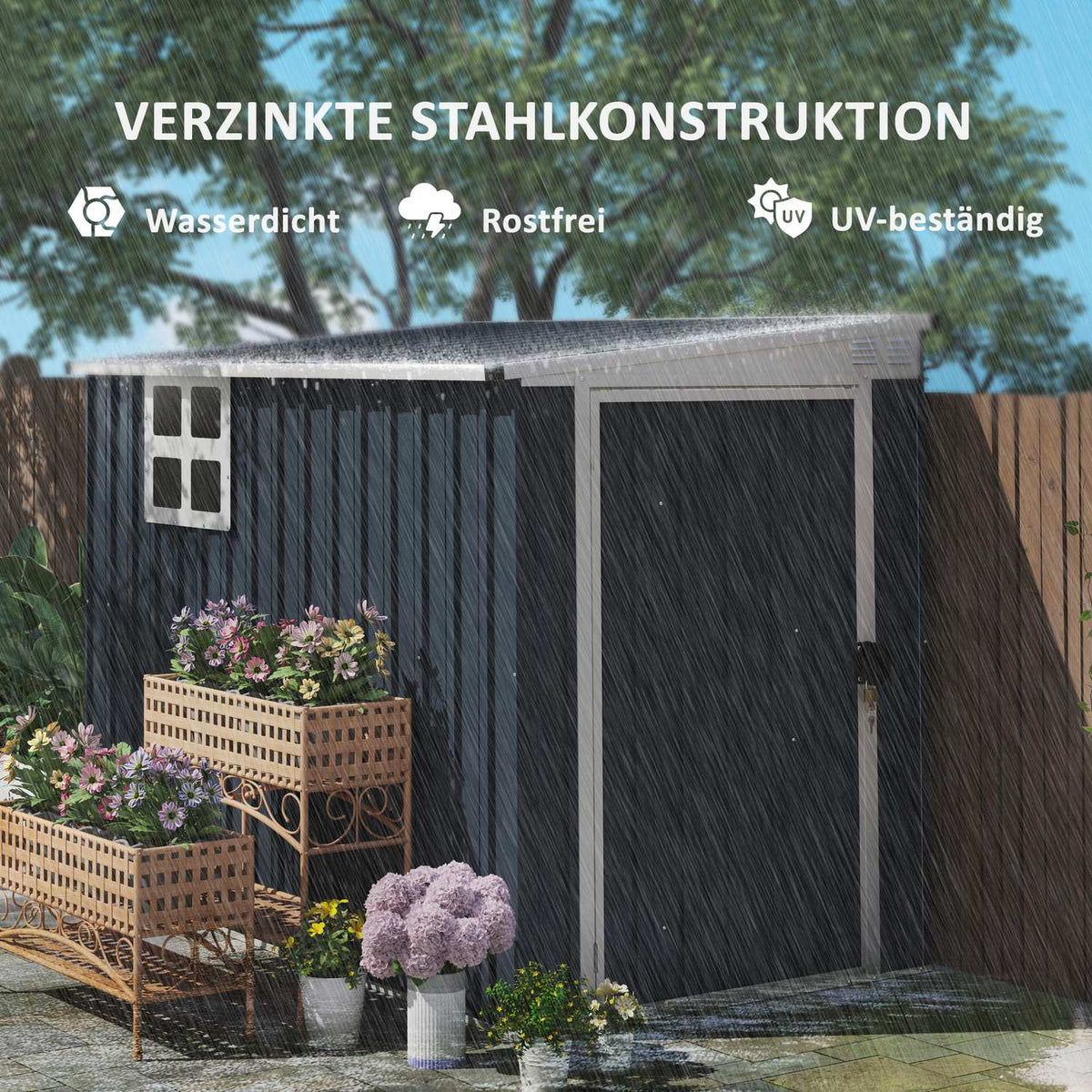 Metal Tool Shed 2.7m² 128x231x181cm Tool Shed with Pent Roof Window Lockable Door Weatherproof Garden Shed Outdoor Garden Shed for Backyard Outdoor Area Dark Gray